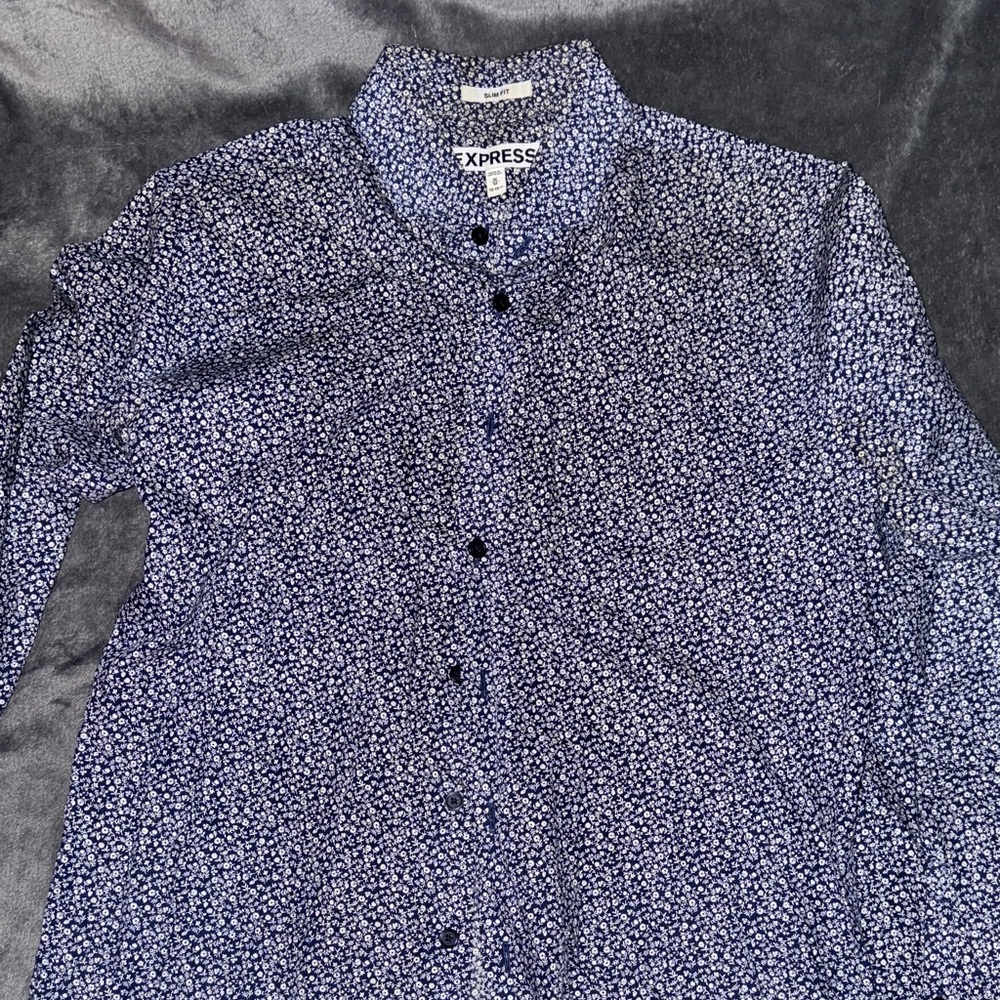 Express Men's Navy Floral Button-Down Shirt